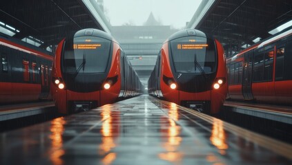 Obraz premium Rainy Day At Urban Train Station With Red Trains
