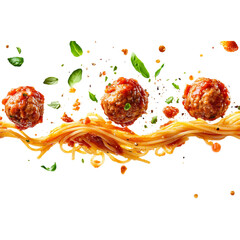 Photographs of meatballs and spaghetti flying in the air, isolated on a white background, a delicious food photoshoot with splashes of tomato sauce
