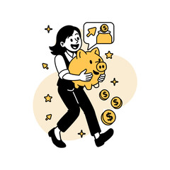 Vector illustration of a happy woman hugging a large piggy bank with flying coins, representing smart savings, financial planning, and growing business investments.