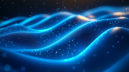Obraz premium Abstract blue waves flow smoothly with light particles creating a modern elegant and dynamic background suitable for technology and science themes or presentations.