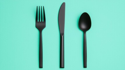 A black plastic fork, knife, and spoon.