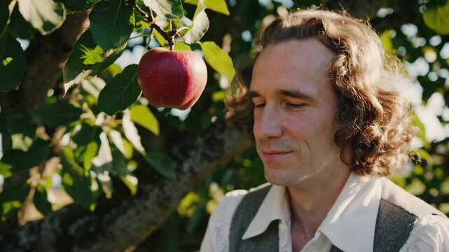 Isaac newton observing apple falling from tree