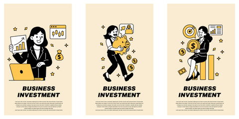 Vector illustration set of women engaged in investment activities, including financial analysis, saving with a piggy bank, and celebrating business growth