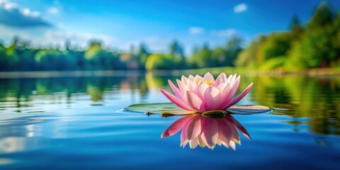A delicate pink flower floats gently on the surface of a serene lake, surrounded by lush greenery and vibrant blue sky, natural beauty, water