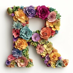 Floral Letter 'R' Arrangement on White. A colorful, floral arrangement shaped like the letter "R" against a clean, white background, ideal for creative projects.