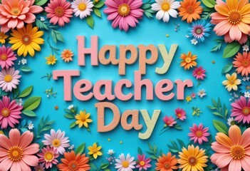 Obraz premium Happy teacher's day message with colorful flowers and leaves on a vibrant blue background design