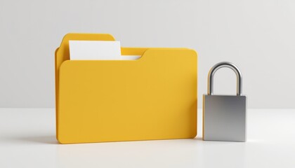 Securing digital files yellow folder with padlock office desk photo minimalist environment close-up view privacy concept