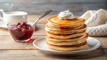 Fluffy pancakes stacked high on a plate with a dollop of sour cream and a spoonful of sweet jam , morning, pancakes