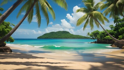 A serene tropical paradise unfolds where coconut palm trees sway gently above the sandy beach, meeting the turquoise sea under a clear summer sky