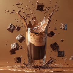 A delicious dessert of chocolate mousse and vanilla ice-cream accompanies a cold glass of cola with ice and a brown cup of espresso