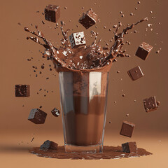 A delicious sweet espresso in a brown cup with white cream and dark chocolate pieces alongside fresh coffee beans