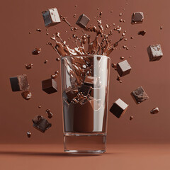 A tasty white milk beverage with a chocolate bar and a glass of dark chocolate drink