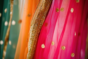 Naklejka premium Close up of colorful sheer fabric with gold trim and embellishments creating a vibrant texture