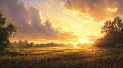 Golden sunset over a vast, serene landscape.