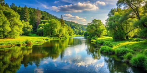 Fototapeta premium A serene landscape with a winding river surrounded by lush greenery and towering trees in the background, river, scenery