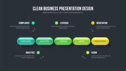Investor Launch Five Element Infographic Presentation Template. Enterprise Performance Slide Layout Vector Illustration. Corporate Introduction 5 Step Diagram Slideshow Design.