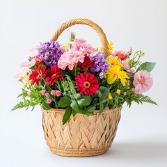 Floral basket arrangement displayed on a white background
