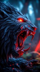 A close up of a werewolf with red eyes and fangs