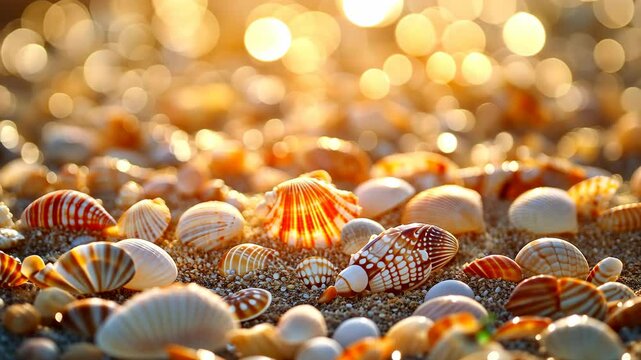 Seashells scattered on sandy beach at sunset, glowing