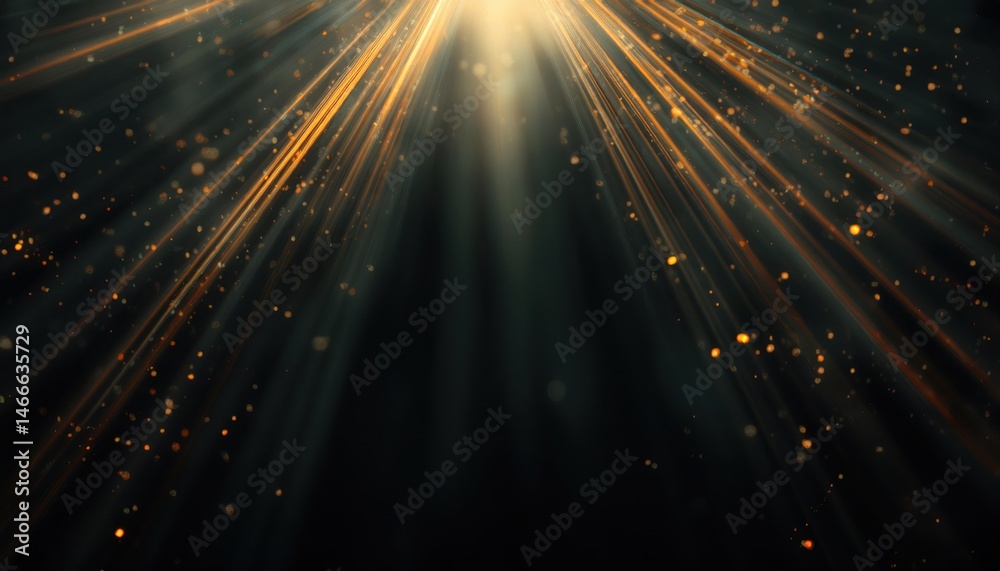Poster golden light rays with glowing dust particles on dark background for web design, poster, branding or