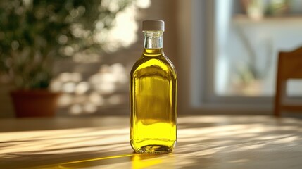 Healthy olive oil bottle on a wooden table.