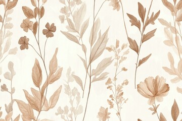 Delicate floral pattern with brown leaves and flowers on a light beige background creating a soft texture