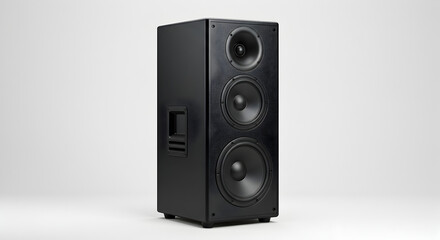 Obraz premium Black Audio Speaker System on White Backdrop Close Up Sound Equipment Music Device