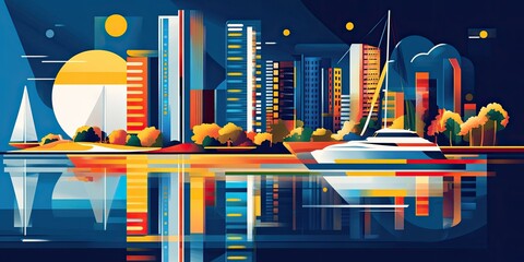 Abstract Cityscape with Yachts and Reflections at Night.