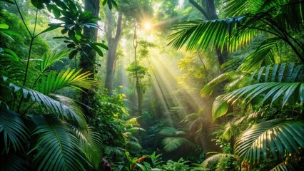 Sunlight filtering through the dense foliage of a tropical rainforest, Atmospheric Effect, Dappled Light