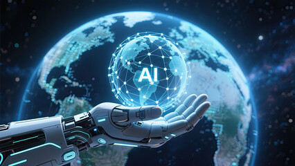 Artificial intelligence holding the earth representing global technology innovation and futuristic advancement