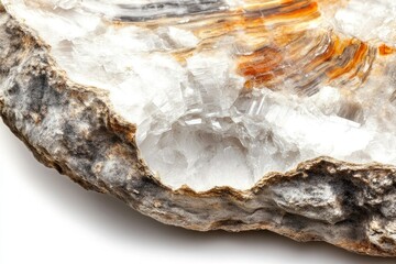 Fototapeta premium A stunning geode featuring striking white crystals nestled within a rugged, multicolored stone matrix.