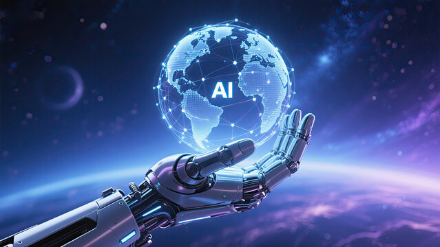 Futuristic robotic hand holding a digital ai globe representing the future of artificial intelligence and technology - Powered by Adobe