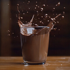 A brown chocolate splash and a white milk splash collide in a clear drink glass