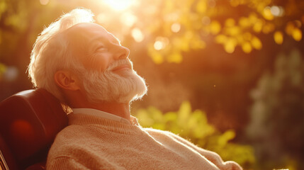 Elderly man in a barber chair, warm light, blurred shop background, conveying timeless tradition and quiet reflection.