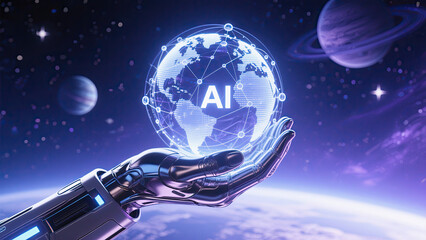 Naklejka premium Artificial intelligence concept depicted with futuristic robotic hand holding glowing globe in space