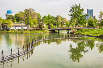Fototapeta premium Parks of Tashkent. Spring landscape of a public park. Uzbekistan.