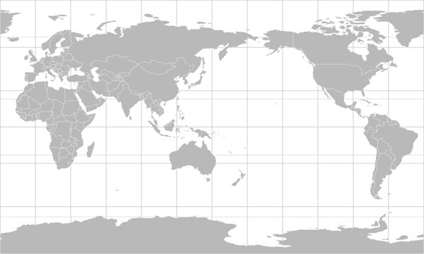 World vector map with country boundaries and graticules in Asia-Pacific view (Compact Miller projection, PPT-compatible & fully editable)