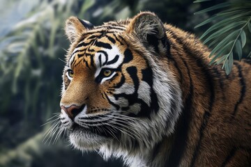 Fototapeta premium Fluffy fur of a wild tiger with black stripes on a natural background