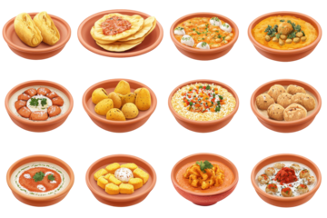 Culinary canvas 12 bowls of Indian chaat dishes arranged artistically on a black backdrop