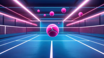 Pink Tennis balls and Pink tennis rackets lying on pink tennis court,paddle tennis balls and the net sport,healthy lifestyle,sport and hobbies,activity,selective focus.