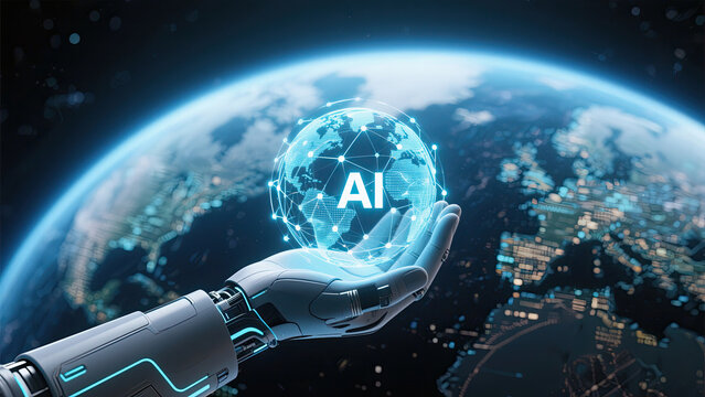 Futuristic robotic hand holding a glowing ai globe over earth depicting artificial intelligence technology