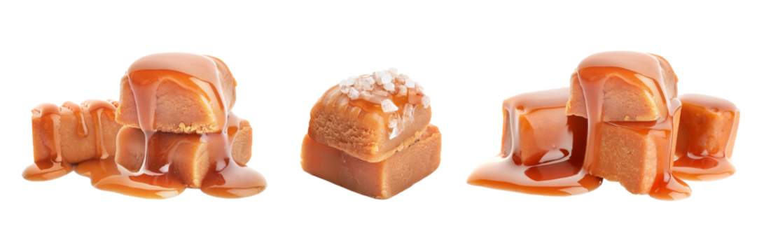delicious caramel candies with sauce on white background.
