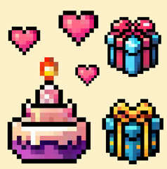 Birthday cake pixel art, vector