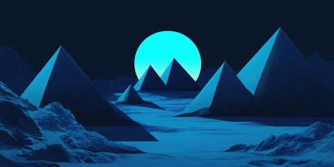 Midnight Pyramids Neon Moon Over Geometric Mountains with Blue Landscape.