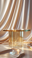 glass display thin flat cylindrical podium for high end item with reflective rose gold fabric backdrop in luxury environment setting stock photo