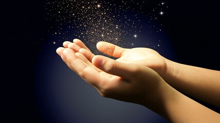 Cupped Hands Receiving Golden Stardust, Ethereal Light Shower on Dark Background, Spiritual and Mystical Concept