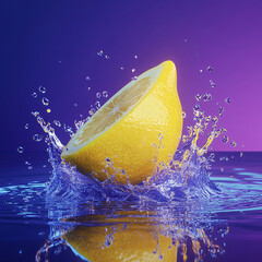 Fresh yellow citrus lemon splashing in blue water with a vibrant splash