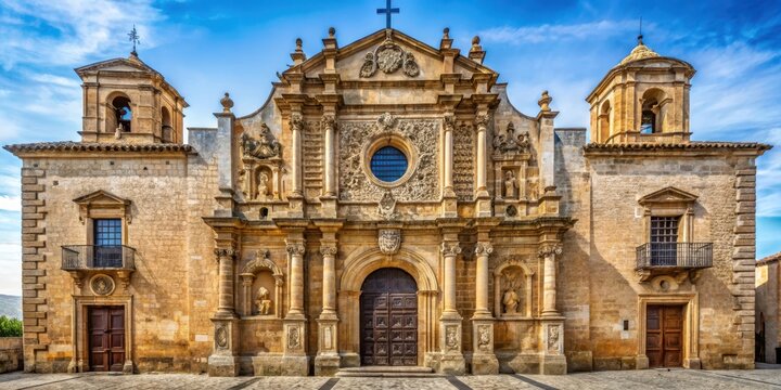 Ancient church facade with ornate stone carvings and stained glass windows in Osuna