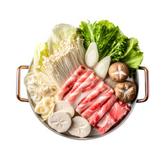 An overhead shot displays a hot pot filled with various vegetables, sliced pork, and mushrooms, prepared for cooking a delicious and nutritious meal together.
