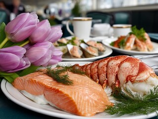 Fresh seafood platter with flowers
